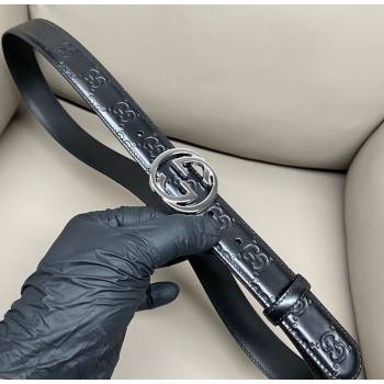 Gucci Milano Maxi GG Embossed Leather Belt 3cm with Interlocking G Buckle Black/Silver 2025 GG010901 (99-250109140)