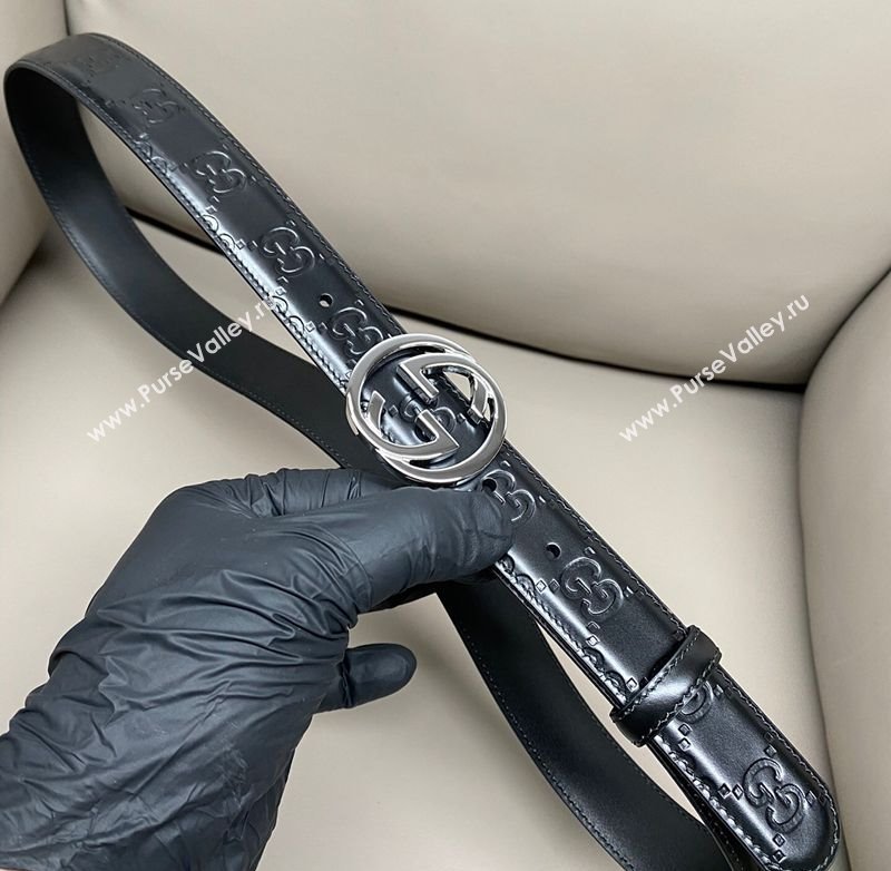 Gucci Milano Maxi GG Embossed Leather Belt 3cm with Interlocking G Buckle Black/Silver 2025 GG010901 (99-250109140)