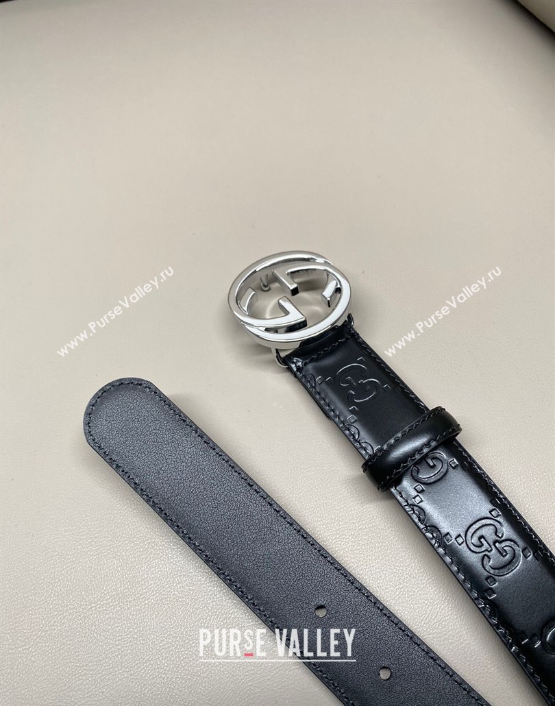 Gucci Milano Maxi GG Embossed Leather Belt 3cm with Interlocking G Buckle Black/Silver 2025 GG010901 (99-250109140)