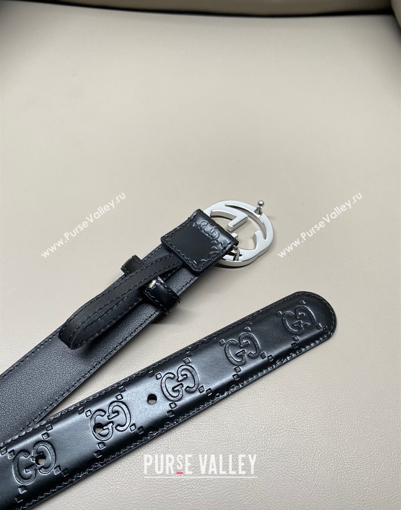 Gucci Milano Maxi GG Embossed Leather Belt 3cm with Interlocking G Buckle Black/Silver 2025 GG010901 (99-250109140)