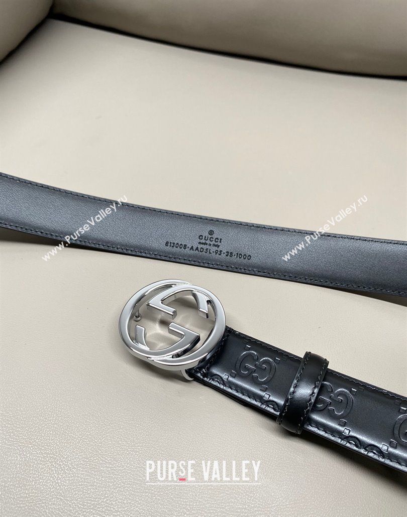 Gucci Milano Maxi GG Embossed Leather Belt 3cm with Interlocking G Buckle Black/Silver 2025 GG010901 (99-250109140)