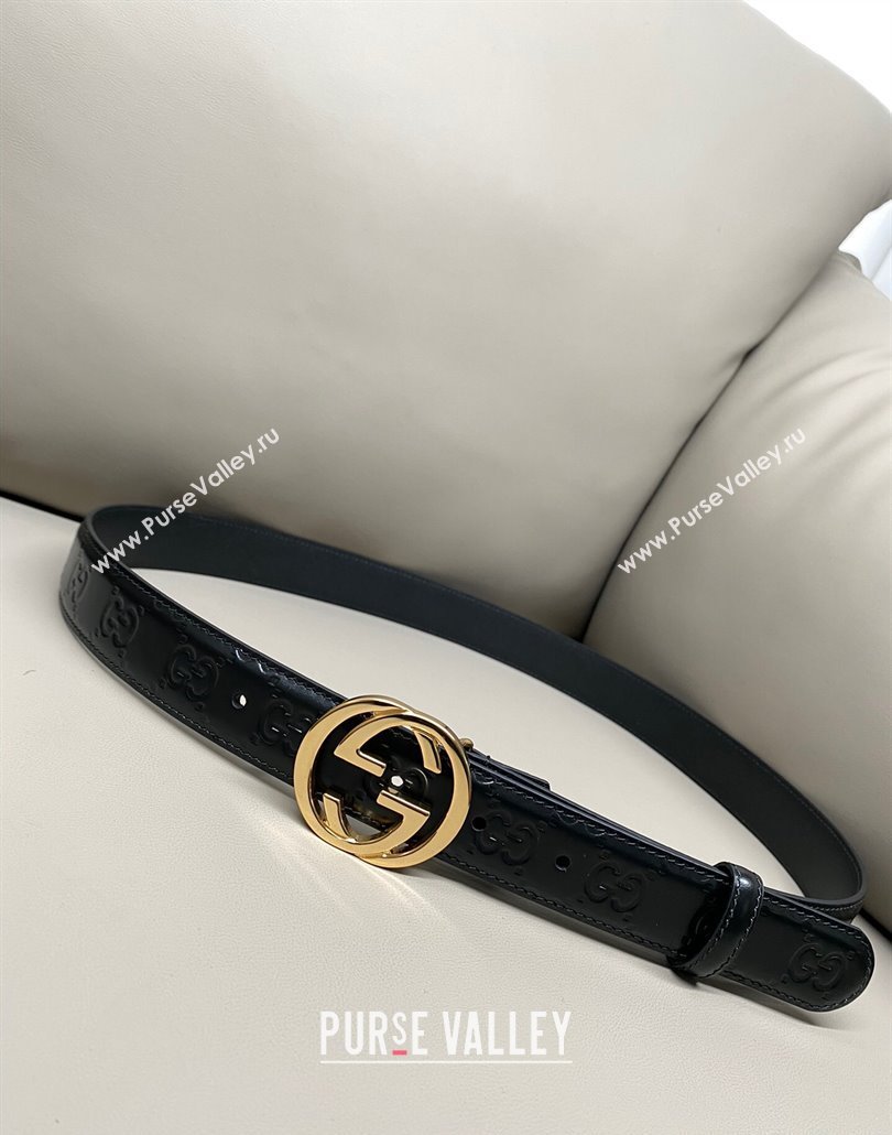 Gucci Milano Maxi GG Embossed Leather Belt 3cm with Interlocking G Buckle Black/Gold 2025 GG010901 (99-250109139)