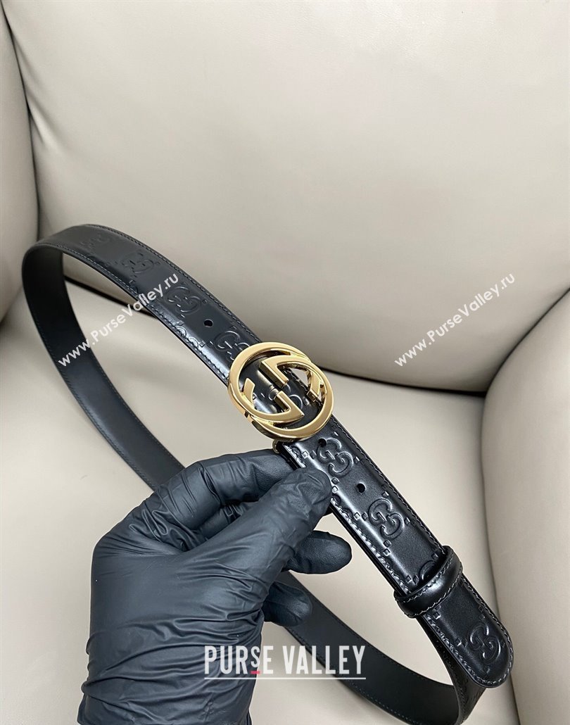 Gucci Milano Maxi GG Embossed Leather Belt 3cm with Interlocking G Buckle Black/Gold 2025 GG010901 (99-250109139)