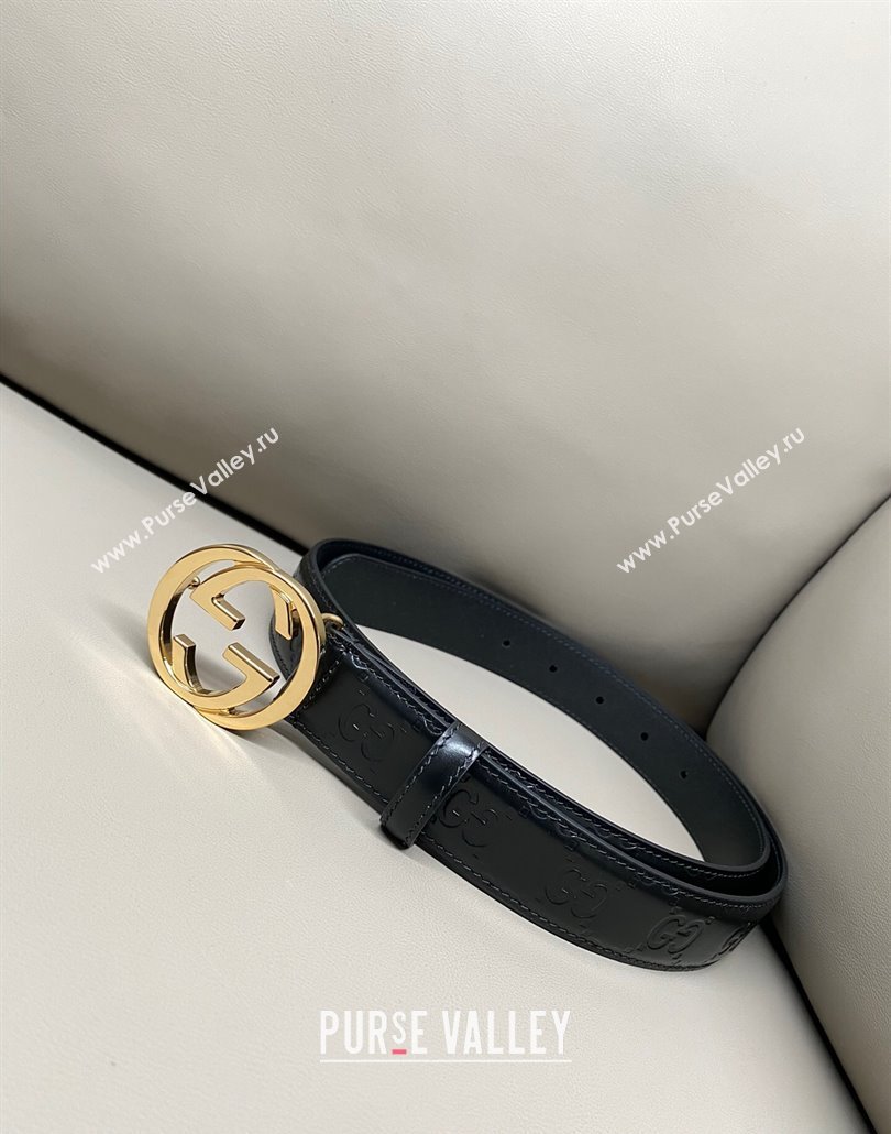 Gucci Milano Maxi GG Embossed Leather Belt 3cm with Interlocking G Buckle Black/Gold 2025 GG010901 (99-250109139)