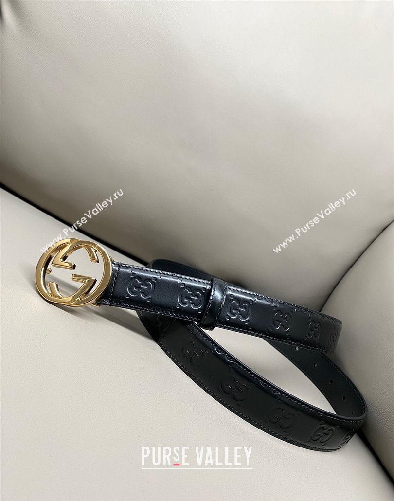 Gucci Milano Maxi GG Embossed Leather Belt 3cm with Interlocking G Buckle Black/Gold 2025 GG010901 (99-250109139)