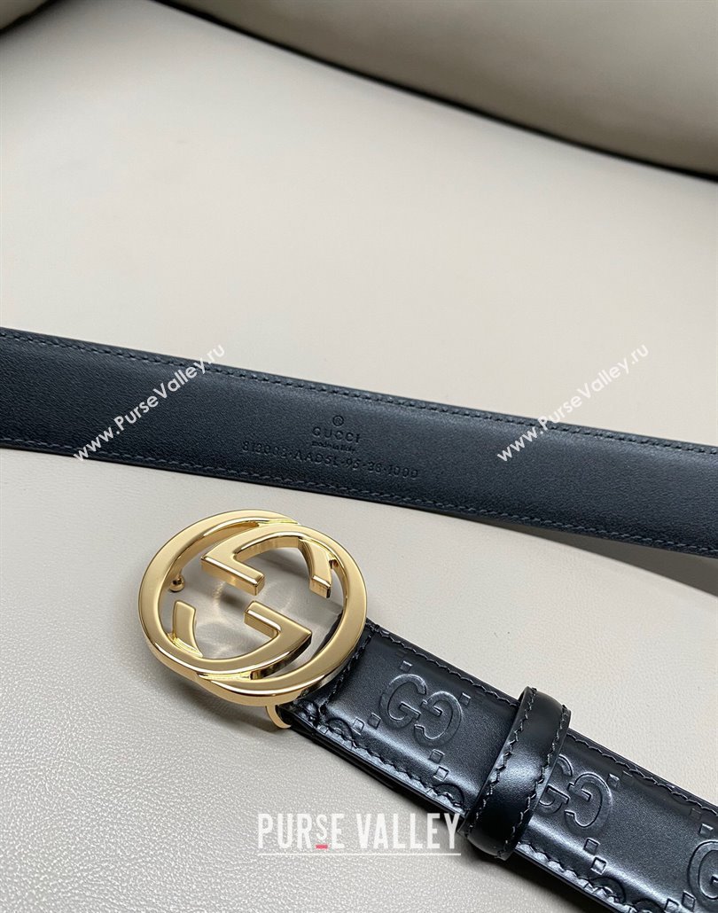 Gucci Milano Maxi GG Embossed Leather Belt 3cm with Interlocking G Buckle Black/Gold 2025 GG010901 (99-250109139)