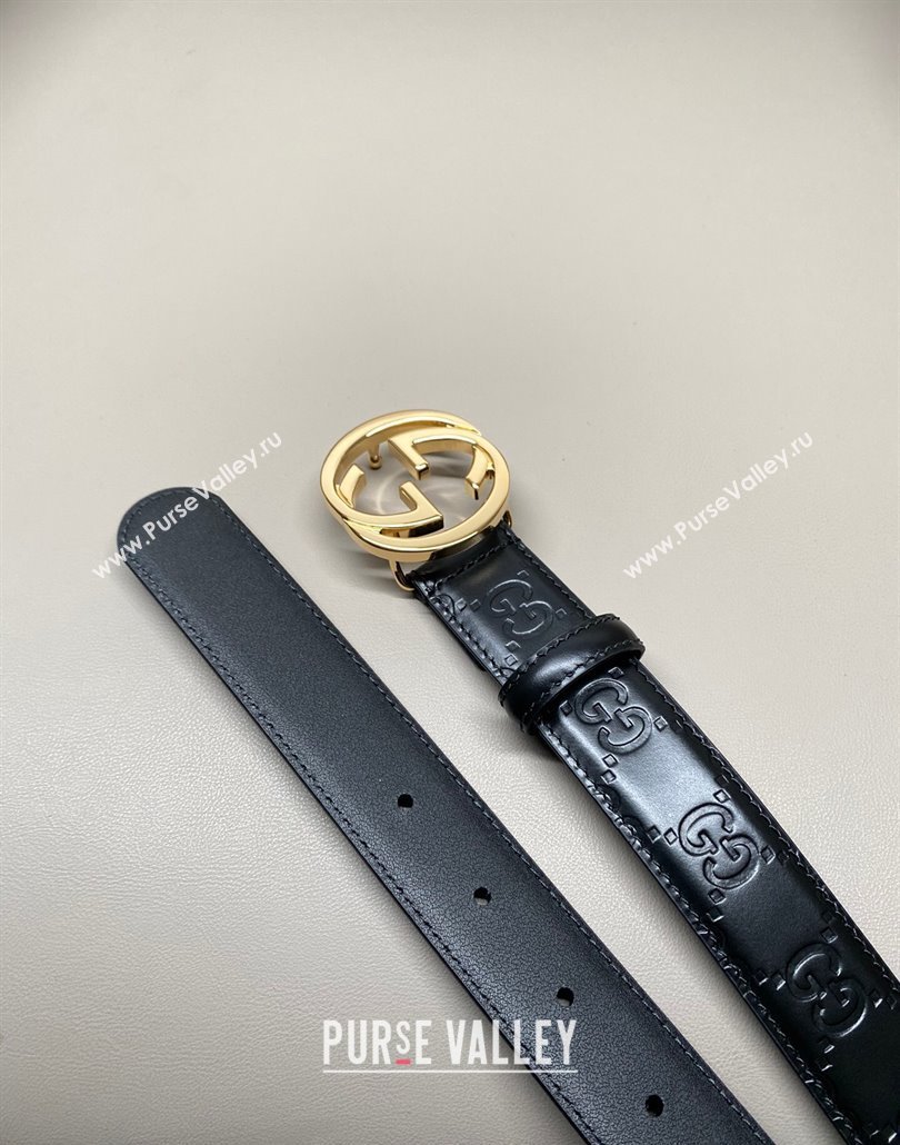 Gucci Milano Maxi GG Embossed Leather Belt 3cm with Interlocking G Buckle Black/Gold 2025 GG010901 (99-250109139)