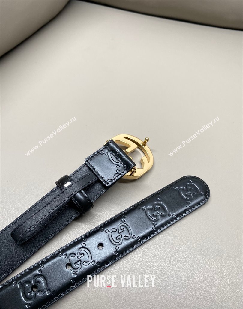 Gucci Milano Maxi GG Embossed Leather Belt 3cm with Interlocking G Buckle Black/Gold 2025 GG010901 (99-250109139)