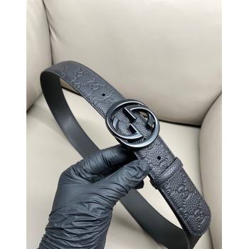 Gucci GG Embossed Grained Leather Belt 4cm with Interlocking G Buckle All Black 2025 GG010902 (99-250109148)