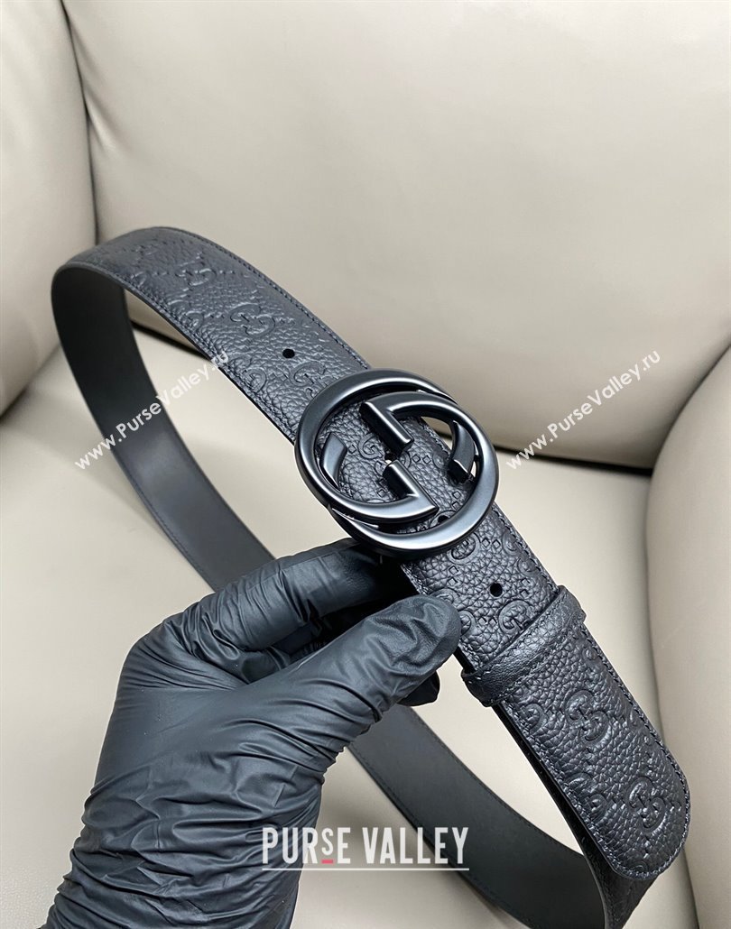 Gucci GG Embossed Grained Leather Belt 4cm with Interlocking G Buckle All Black 2025 GG010902 (99-250109148)