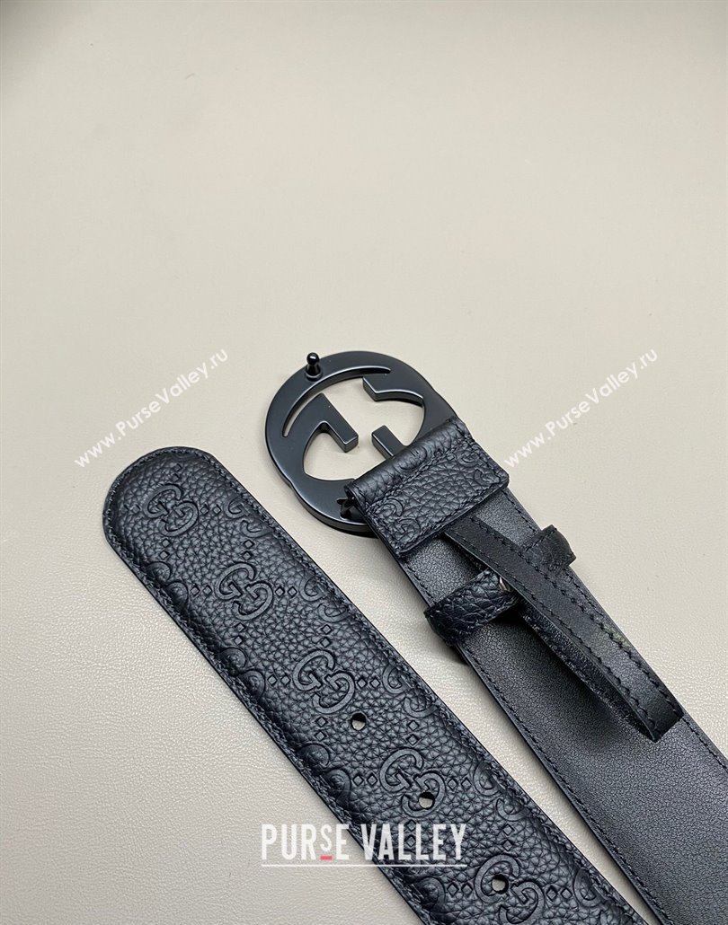 Gucci GG Embossed Grained Leather Belt 4cm with Interlocking G Buckle All Black 2025 GG010902 (99-250109148)