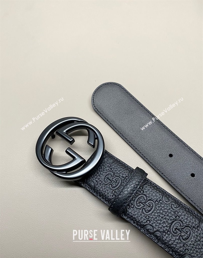 Gucci GG Embossed Grained Leather Belt 4cm with Interlocking G Buckle All Black 2025 GG010902 (99-250109148)