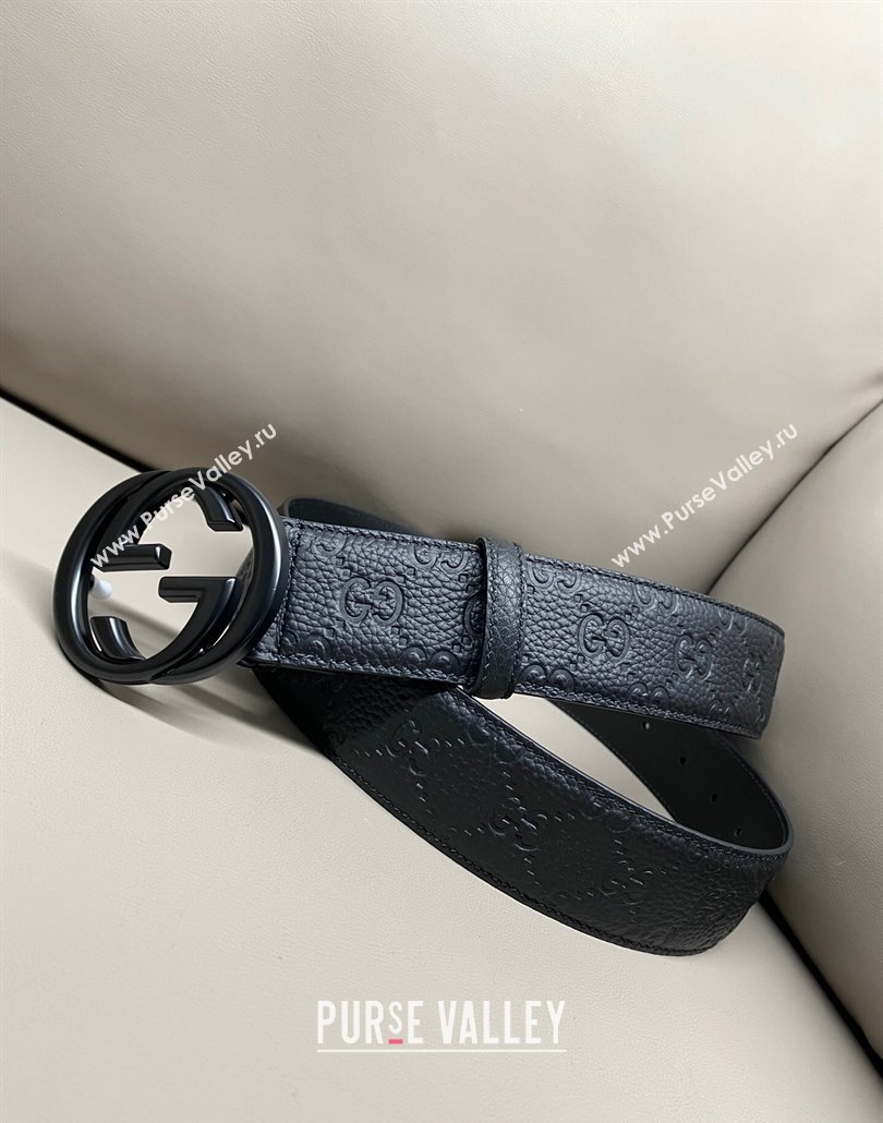 Gucci GG Embossed Grained Leather Belt 4cm with Interlocking G Buckle All Black 2025 GG010902 (99-250109148)