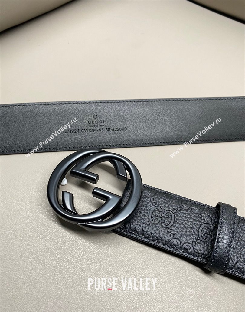 Gucci GG Embossed Grained Leather Belt 4cm with Interlocking G Buckle All Black 2025 GG010902 (99-250109148)