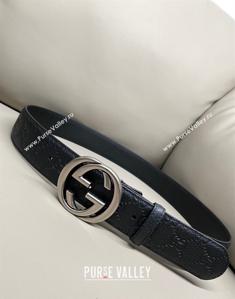 Gucci GG Embossed Grained Leather Belt 4cm with Interlocking G Buckle Black/Aged Silver 2025 GG010902 (99-250109149)