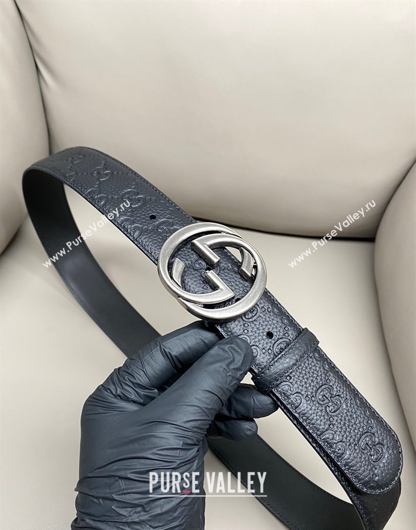 Gucci GG Embossed Grained Leather Belt 4cm with Interlocking G Buckle Black/Aged Silver 2025 GG010902 (99-250109149)