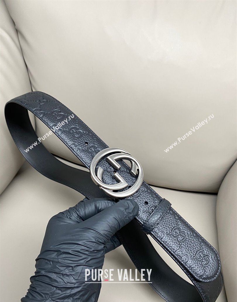 Gucci GG Embossed Grained Leather Belt 4cm with Interlocking G Buckle Black/Aged Silver 2025 GG010902 (99-250109149)