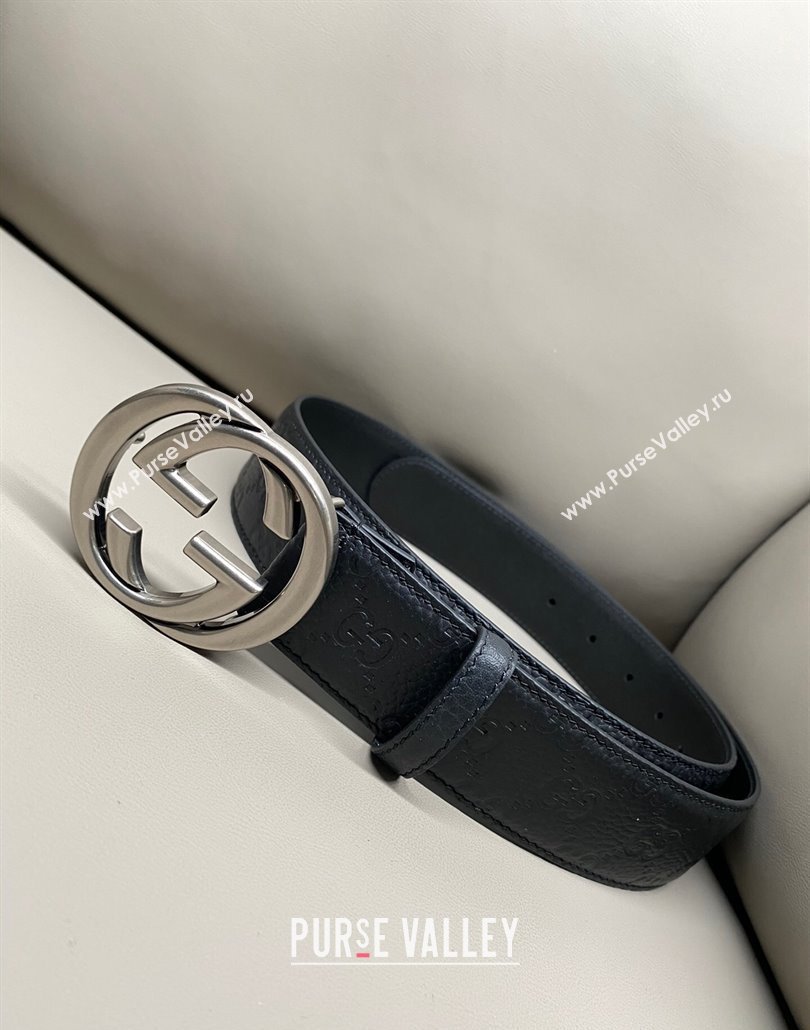 Gucci GG Embossed Grained Leather Belt 4cm with Interlocking G Buckle Black/Aged Silver 2025 GG010902 (99-250109149)