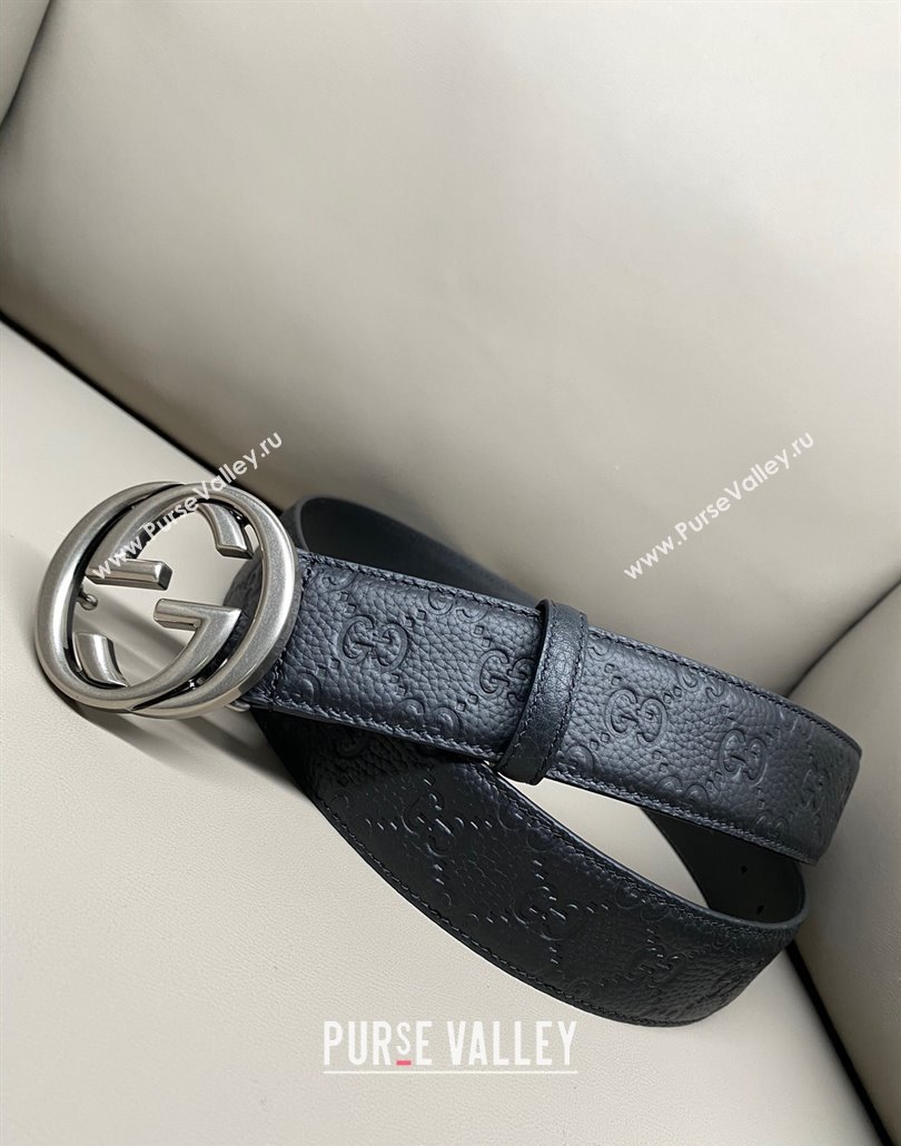 Gucci GG Embossed Grained Leather Belt 4cm with Interlocking G Buckle Black/Aged Silver 2025 GG010902 (99-250109149)