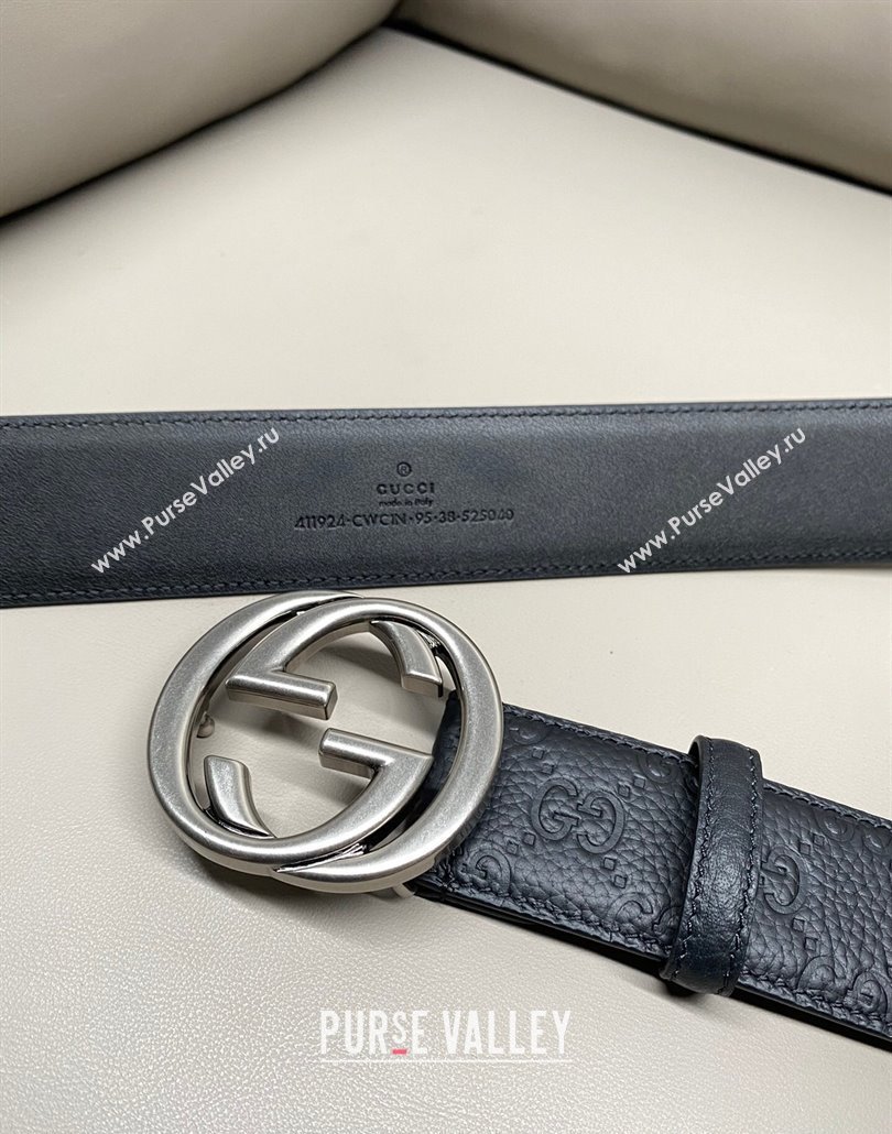 Gucci GG Embossed Grained Leather Belt 4cm with Interlocking G Buckle Black/Aged Silver 2025 GG010902 (99-250109149)