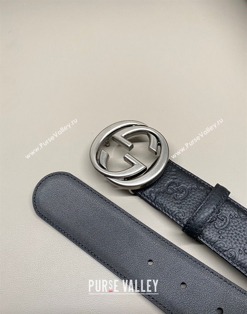 Gucci GG Embossed Grained Leather Belt 4cm with Interlocking G Buckle Black/Aged Silver 2025 GG010902 (99-250109149)