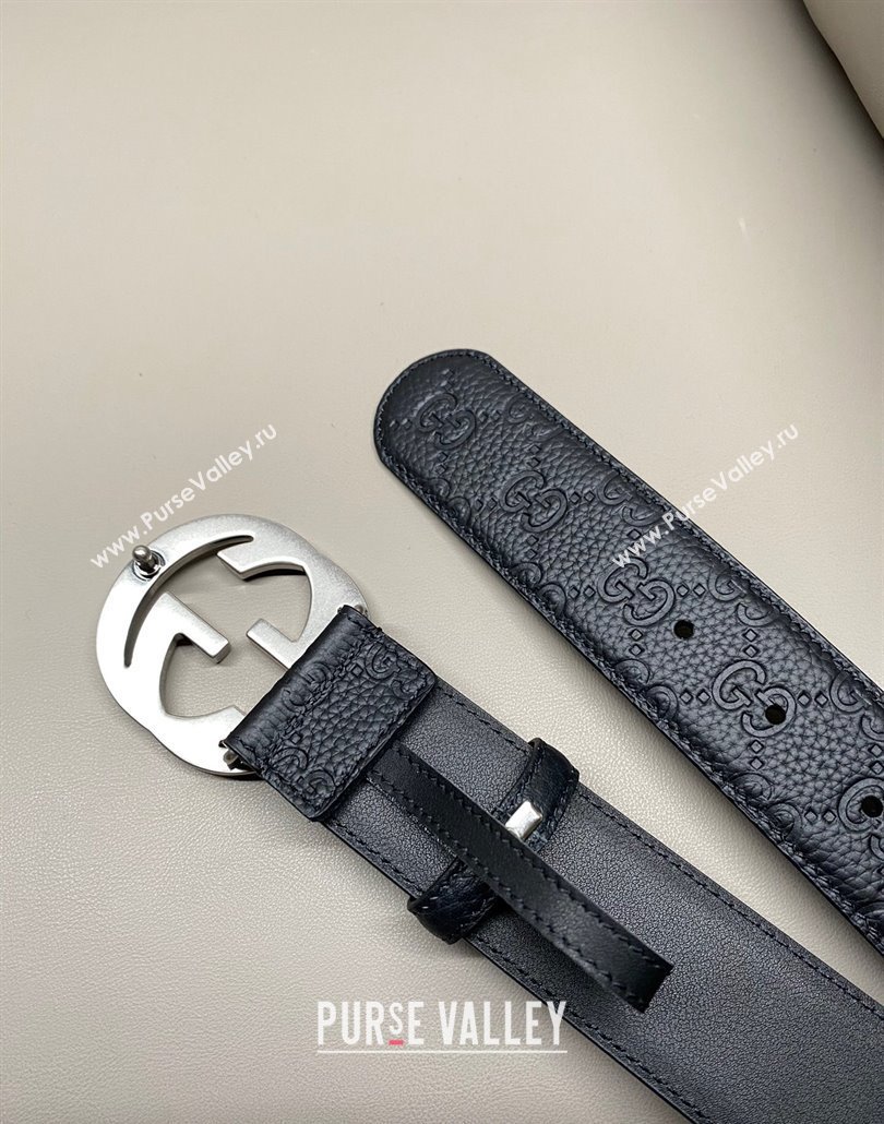 Gucci GG Embossed Grained Leather Belt 4cm with Interlocking G Buckle Black/Aged Silver 2025 GG010902 (99-250109149)