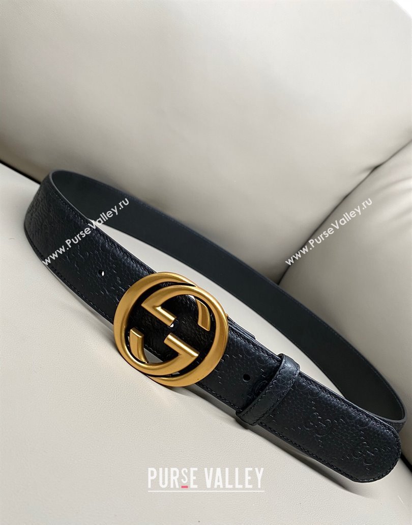 Gucci GG Embossed Grained Leather Belt 4cm with Interlocking G Buckle Black/Aged Gold 2025 GG010902 (99-250109150)