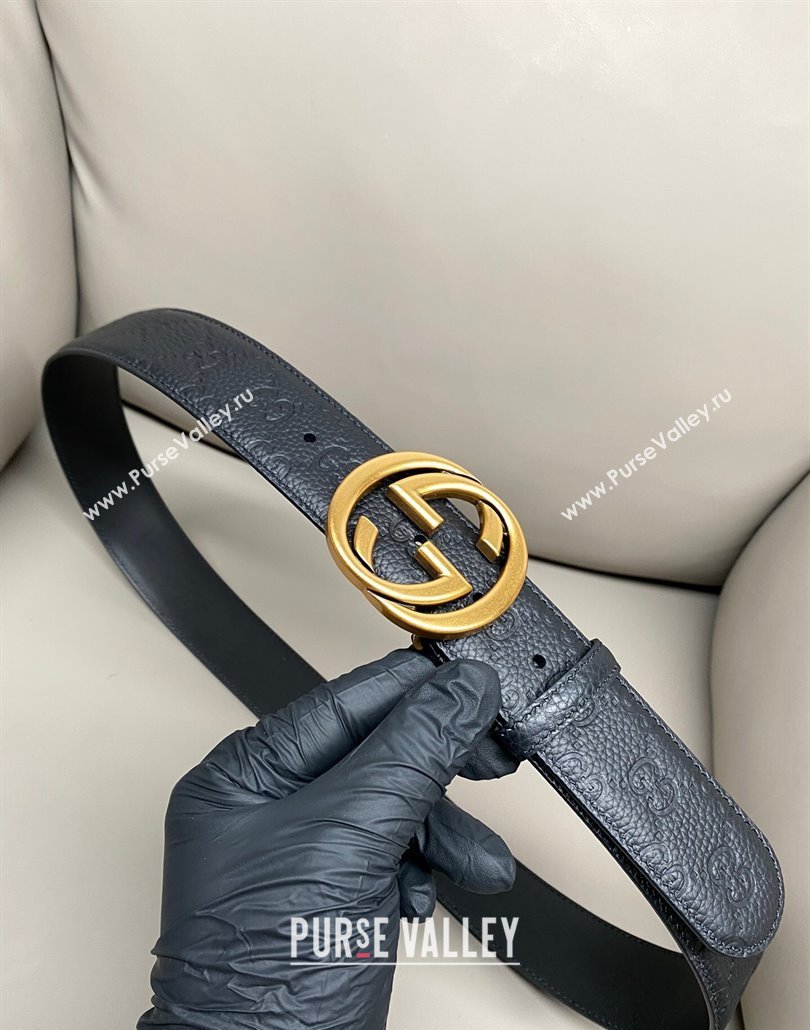 Gucci GG Embossed Grained Leather Belt 4cm with Interlocking G Buckle Black/Aged Gold 2025 GG010902 (99-250109150)