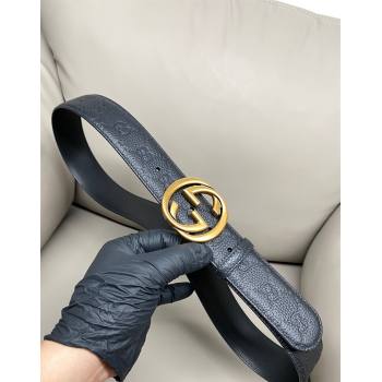 Gucci GG Embossed Grained Leather Belt 4cm with Interlocking G Buckle Black/Aged Gold 2025 GG010902 (99-250109150)