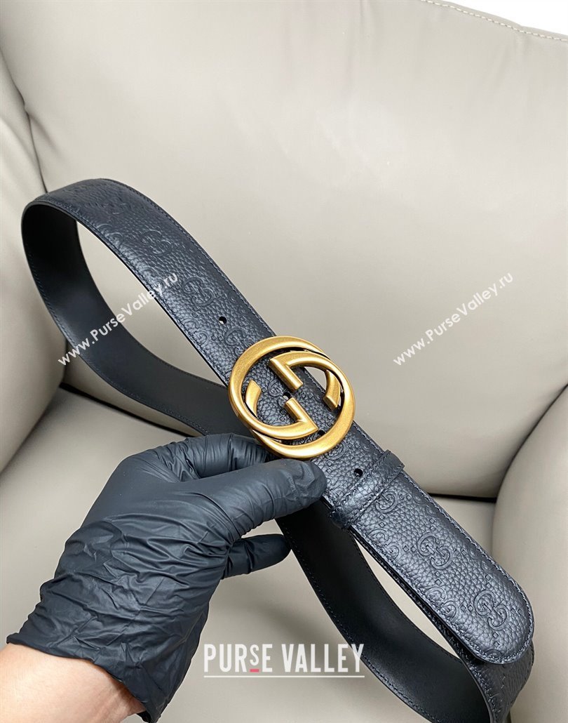 Gucci GG Embossed Grained Leather Belt 4cm with Interlocking G Buckle Black/Aged Gold 2025 GG010902 (99-250109150)