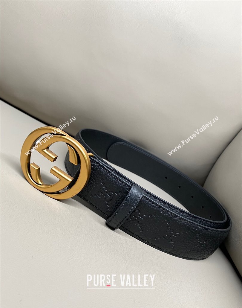 Gucci GG Embossed Grained Leather Belt 4cm with Interlocking G Buckle Black/Aged Gold 2025 GG010902 (99-250109150)