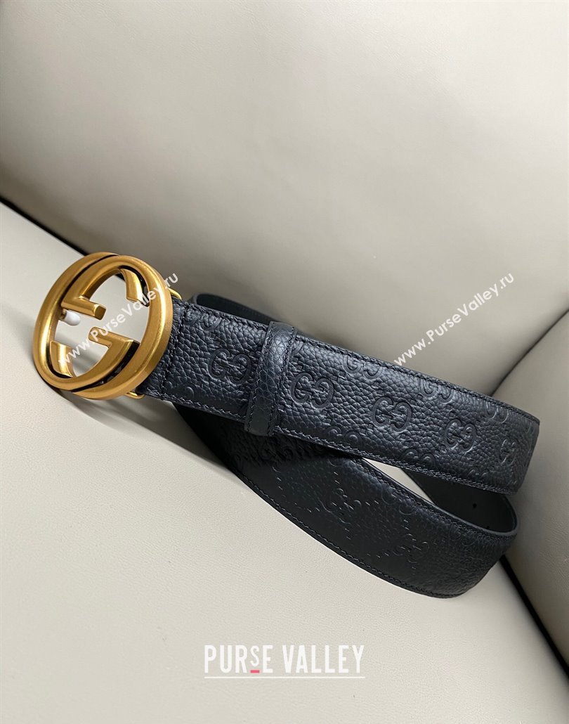 Gucci GG Embossed Grained Leather Belt 4cm with Interlocking G Buckle Black/Aged Gold 2025 GG010902 (99-250109150)