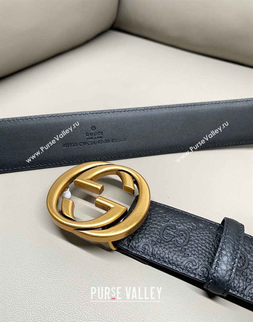 Gucci GG Embossed Grained Leather Belt 4cm with Interlocking G Buckle Black/Aged Gold 2025 GG010902 (99-250109150)