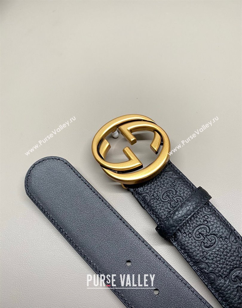 Gucci GG Embossed Grained Leather Belt 4cm with Interlocking G Buckle Black/Aged Gold 2025 GG010902 (99-250109150)