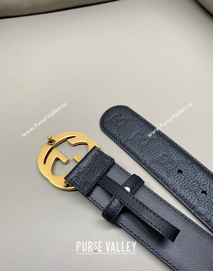 Gucci GG Embossed Grained Leather Belt 4cm with Interlocking G Buckle Black/Aged Gold 2025 GG010902 (99-250109150)