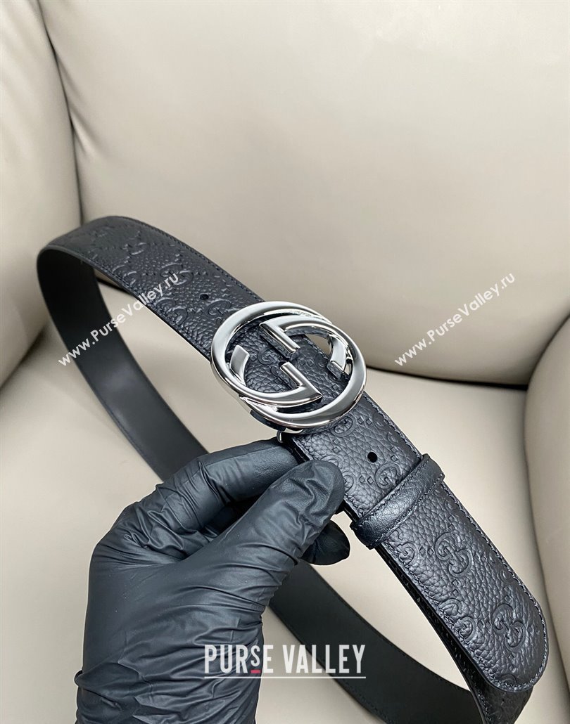 Gucci GG Embossed Grained Leather Belt 4cm with Interlocking G Buckle Black/Shiny Silver 2025 GG010902 (99-250109151)