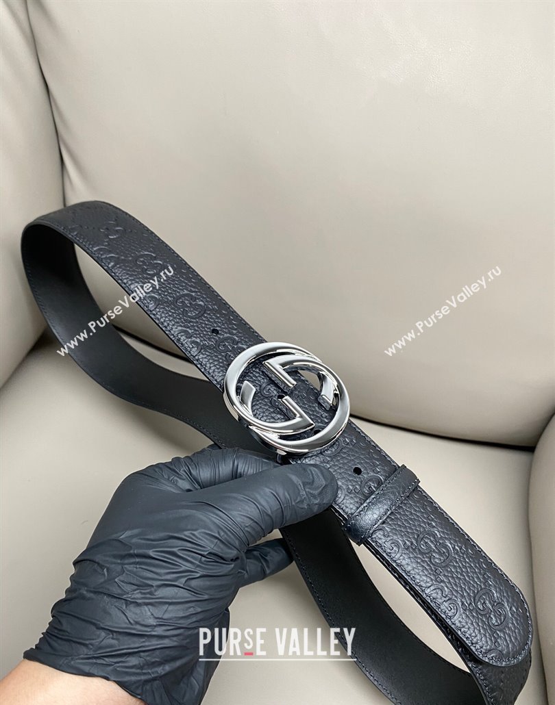 Gucci GG Embossed Grained Leather Belt 4cm with Interlocking G Buckle Black/Shiny Silver 2025 GG010902 (99-250109151)