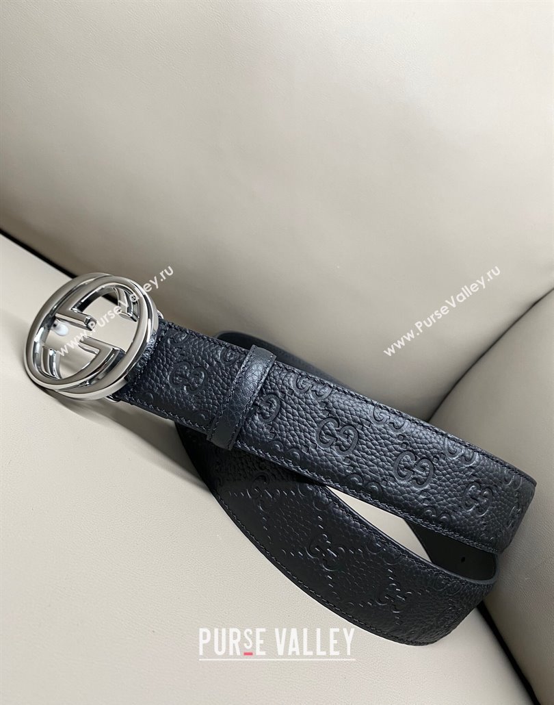 Gucci GG Embossed Grained Leather Belt 4cm with Interlocking G Buckle Black/Shiny Silver 2025 GG010902 (99-250109151)