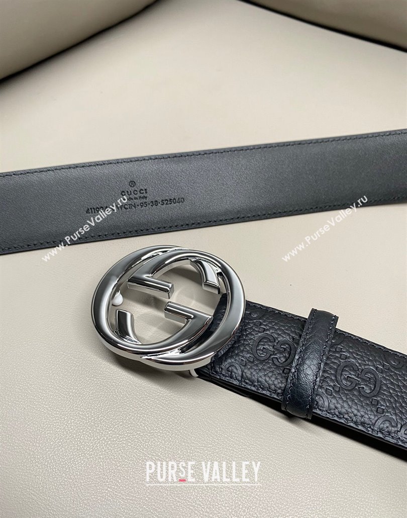 Gucci GG Embossed Grained Leather Belt 4cm with Interlocking G Buckle Black/Shiny Silver 2025 GG010902 (99-250109151)