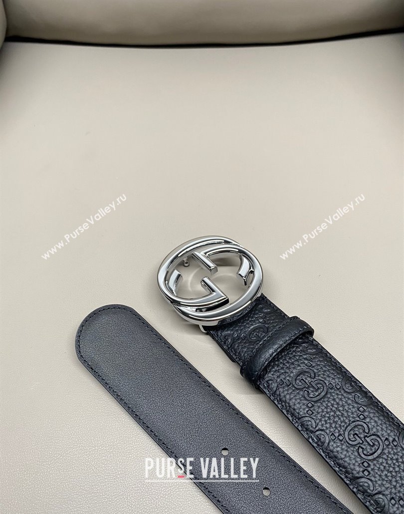 Gucci GG Embossed Grained Leather Belt 4cm with Interlocking G Buckle Black/Shiny Silver 2025 GG010902 (99-250109151)