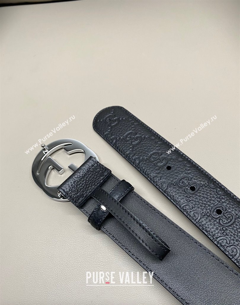 Gucci GG Embossed Grained Leather Belt 4cm with Interlocking G Buckle Black/Shiny Silver 2025 GG010902 (99-250109151)