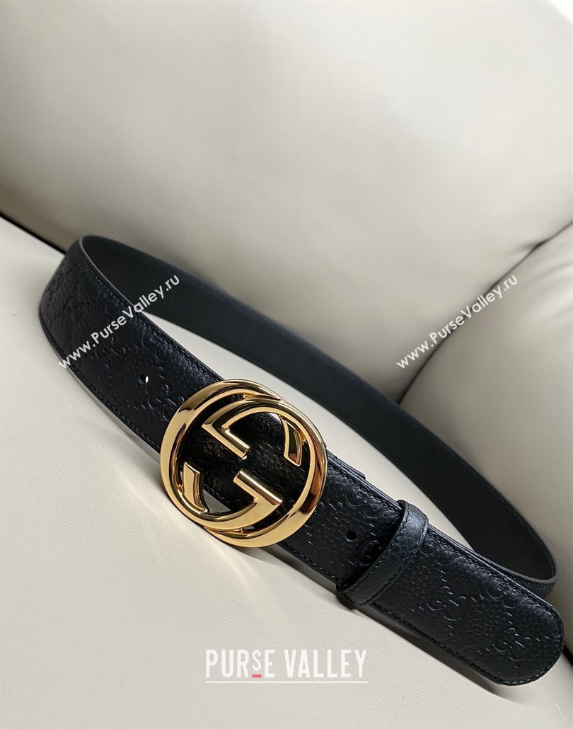 Gucci GG Embossed Grained Leather Belt 4cm with Interlocking G Buckle Black/Shiny Gold 2025 GG010902 (99-250109152)