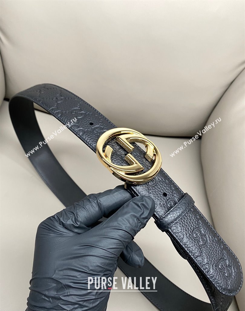 Gucci GG Embossed Grained Leather Belt 4cm with Interlocking G Buckle Black/Shiny Gold 2025 GG010902 (99-250109152)