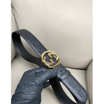 Gucci GG Embossed Grained Leather Belt 4cm with Interlocking G Buckle Black/Shiny Gold 2025 GG010902 (99-250109152)