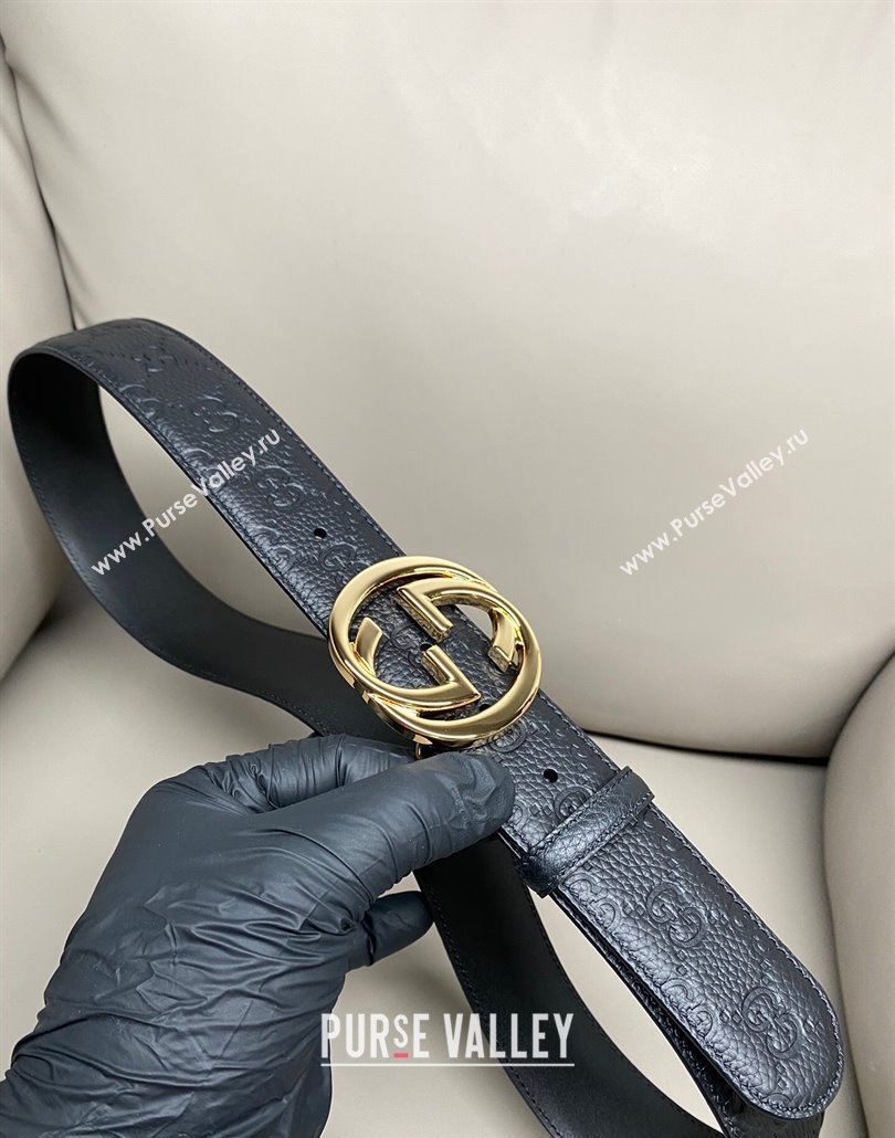 Gucci GG Embossed Grained Leather Belt 4cm with Interlocking G Buckle Black/Shiny Gold 2025 GG010902 (99-250109152)