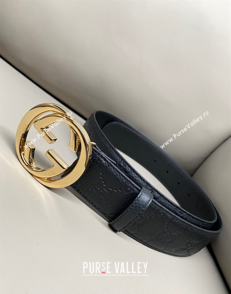 Gucci GG Embossed Grained Leather Belt 4cm with Interlocking G Buckle Black/Shiny Gold 2025 GG010902 (99-250109152)