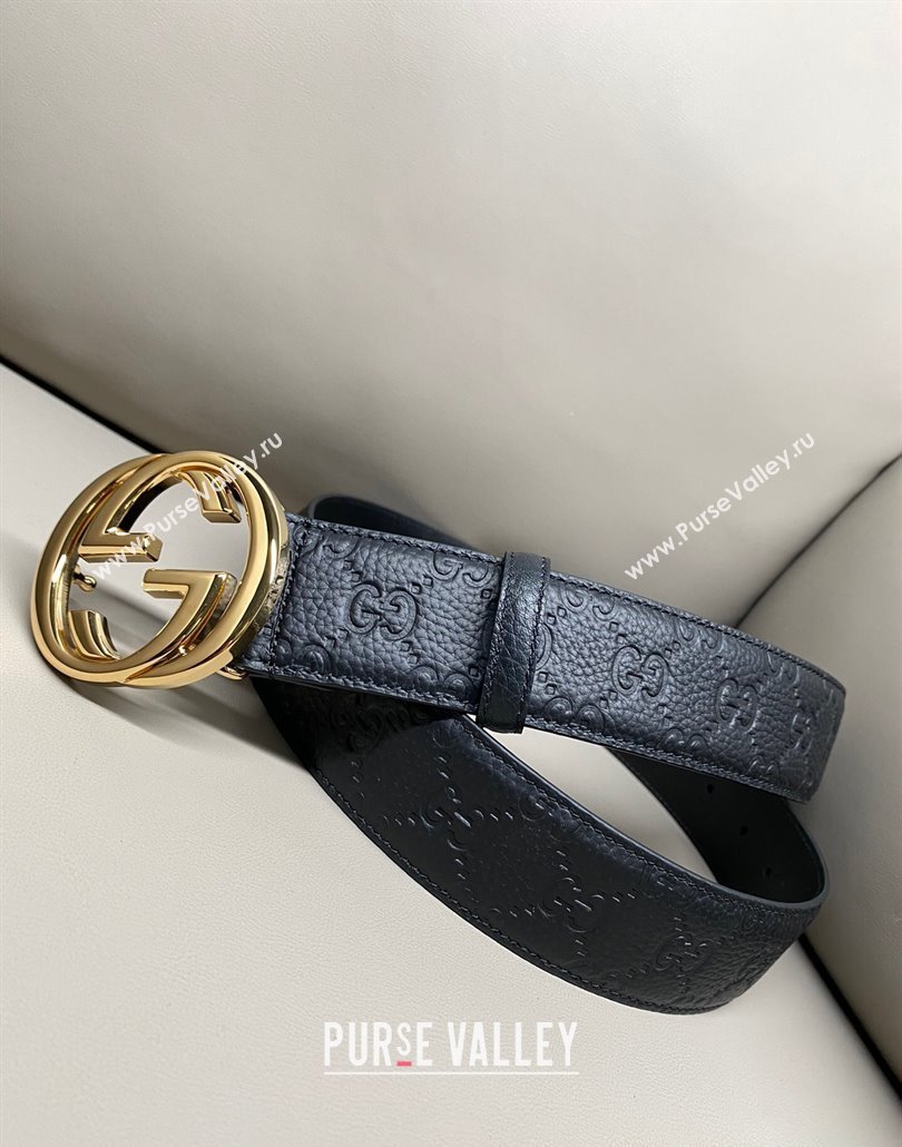 Gucci GG Embossed Grained Leather Belt 4cm with Interlocking G Buckle Black/Shiny Gold 2025 GG010902 (99-250109152)