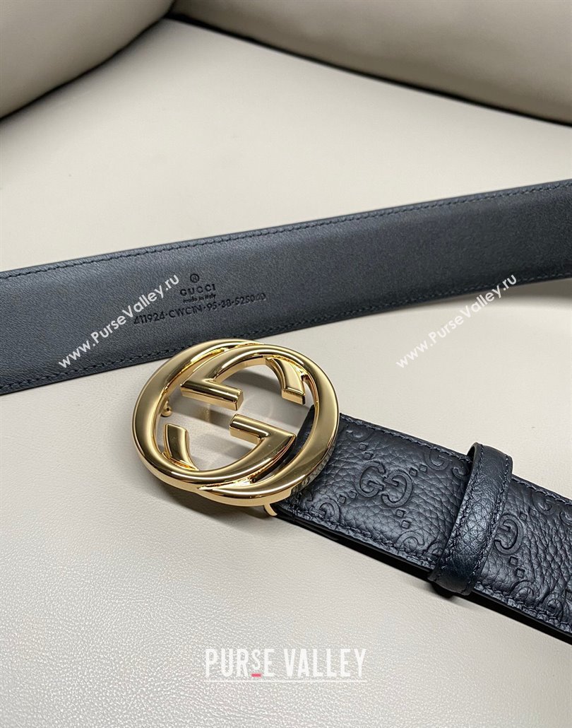 Gucci GG Embossed Grained Leather Belt 4cm with Interlocking G Buckle Black/Shiny Gold 2025 GG010902 (99-250109152)