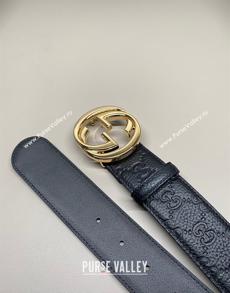 Gucci GG Embossed Grained Leather Belt 4cm with Interlocking G Buckle Black/Shiny Gold 2025 GG010902 (99-250109152)