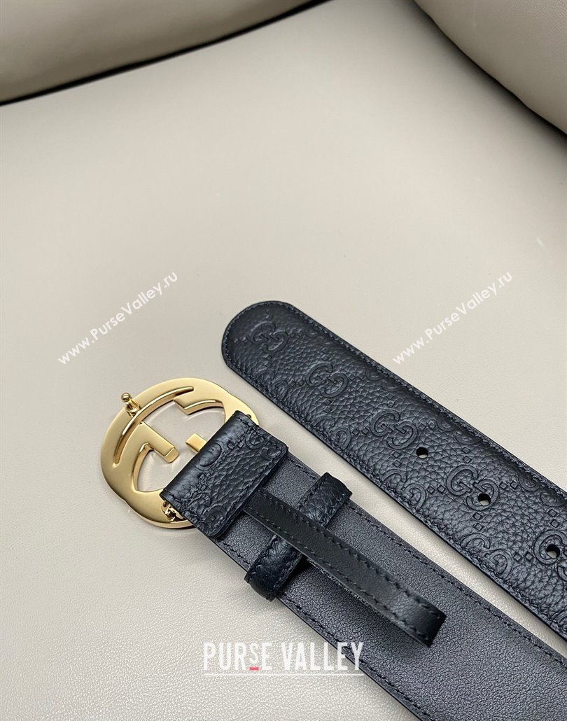 Gucci GG Embossed Grained Leather Belt 4cm with Interlocking G Buckle Black/Shiny Gold 2025 GG010902 (99-250109152)